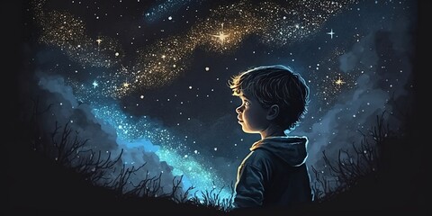 Illustration of a boy looking at night starry sky with glitter glow galaxy flicker above, idea for prayer of hope, love, peace theme, Generative AI illustration.