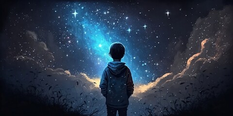 Illustration of a boy looking at night starry sky with glitter glow galaxy flicker above, idea for prayer of hope, love, peace theme,Generative ai technology