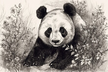Hand Drawn Ink Illustration Of A Panda Bear In Its Natural Habitat. Generative AI.