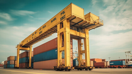 Container stacker crane lifting up stacking container box in yard, Container loading cargo freight in import and export business logistic company, Industry logistic. Generative AI.