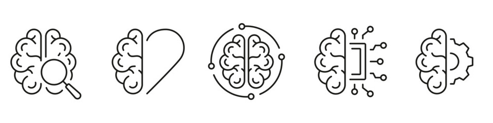 Poster - Tech Science, Brainstorm, Knowledge Black Line Icon Set. Human Brain and AI Pictogram Collection. Artificial Intelligence Symbol on White Background. Editable Stroke. Isolated Vector Illustratio