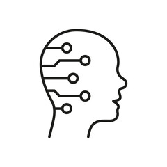 Poster - Human Head with Circuit Black Line Icon, Digital Technology and Artificial Intelligence Concept. Tech Science Innovation Symbol on White Background. Editable Stroke. Isolated Vector Illustration