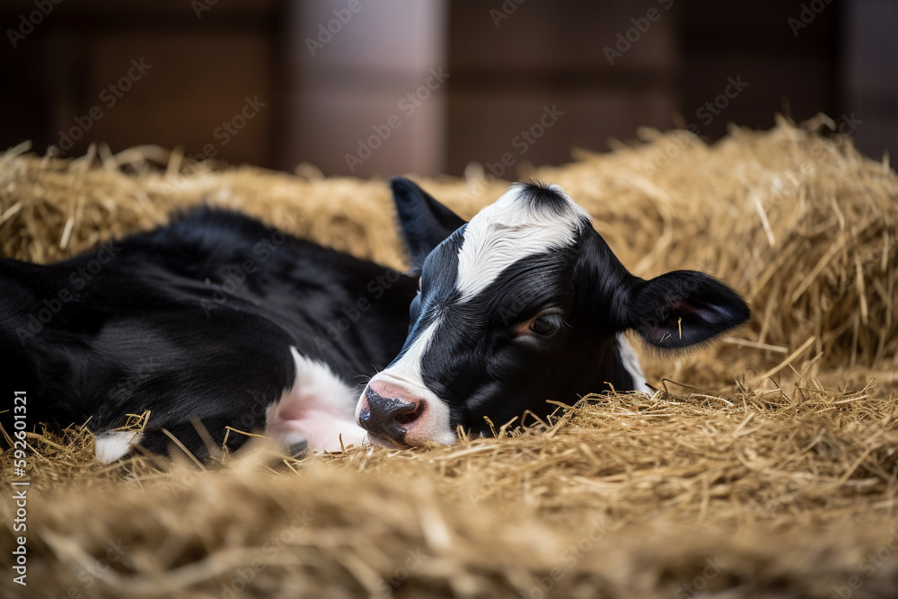 cute young black and white calf lies in straw and looks alert, Created ...