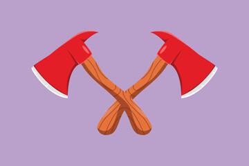 Graphic flat design drawing stylized firefighter crossed axe with wooden handle and sharp metal head. Fire extinguishing equipment. Professional tool and instrument. Cartoon style vector illustration