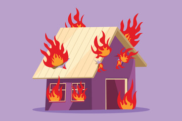 Character flat drawing burning house icon, logo, label. Flame in home. Fire insurance template. Accident. Insurance symbol from financial security, safety, damage. Cartoon design vector illustration