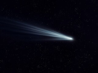  Tail of a comet glows in space against the background of stars. Celestial body near the Earth. Bright comet in the night sky.