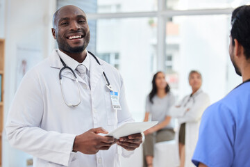 Poster - Hospital, doctor and portrait of black man on tablet in clinic for insurance, wellness app and medical service. Happy, healthcare and health worker on digital tech for consulting, telehealth and help