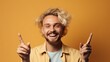Blond young man laughing on a colorful background. Generative AI