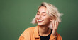 Blond young woman laughing on a colorful background. Generative AI