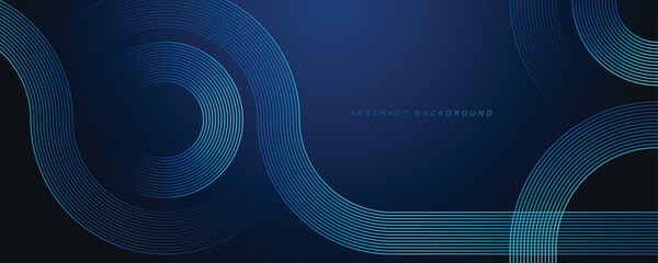Wall Mural - Dark abstract background with blue glowing circle lines. Geometric stripe line art design. Modern shiny blue lines. Futuristic technology concept. Space for your text. Vector illustration