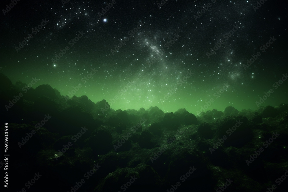 bright green star in starfield dark galaxy planets in a free space ...