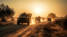 A Group Of Military Vehicles Drive Down A Dusty Road. Al Generated