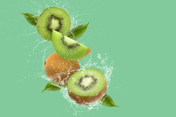 Wall Mural - Creative layout made from Sliced of kiwi and water Splashing on a green background.