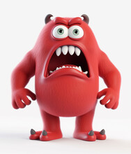 Red Cute Monster Character, With Angry Expression, 3d Animation, Isolated On White Background, Generative Ai