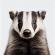 Adult badger portrait isolated on a white background. Generative AI. 