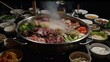 Savor the sizzling sounds and aromas of a bubbling hot pot filled with fresh seafood, vegetables, and savory broth in this mouthwatering 4K video. Generated by AI.