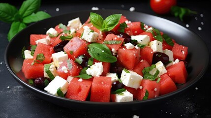 This Greek feta and watermelon salad is a crowd-pleaser, combining juicy watermelon, tangy feta cheese. Generated by AI.