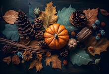 Thanksgiving Background With Autumn Leaves, Pumpkins And Pine Cones On A Natural Wood Tabletop. Generative AI