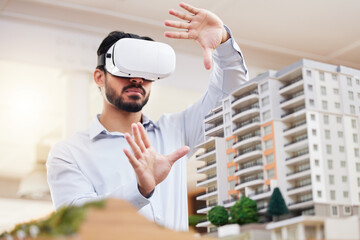 Poster - Architect, man and VR architecture model, construction and building with future technology and UX. Virtual reality goggles, design and engineering, metaverse and simulation of property development