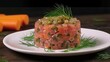 This simple yet elegant cold smoked salmon tartare is a perfect summer dish that bursts with fresh flavors of smoked salmon, shallots. Generated by AI.