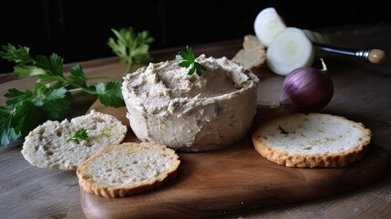 Indulge in the smooth and smoky flavor of cold smoked mackerel pate, made with creamy cream cheese and a kick of horseradish. Generated by AI.