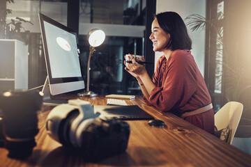 Aufkleber - Coffee, computer screen and woman in office with happy online research, digital marketing and business planning. Professional asian person with inspiration, creative ideas and tea at night on desktop