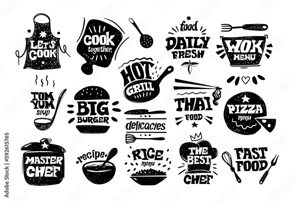 Chef food bakery, utensil black hand drawn elements. Cafe logo, cooking ...