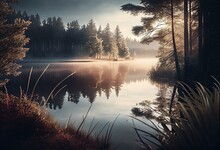 Morning Mist Over The Summer Lake. Generative AI