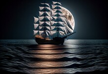 Moonlight Sailing Vessel Ship At Sea Moon, Clouds, Waves, Generative Ai