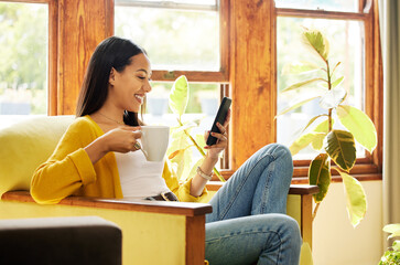 Poster - Woman, smartphone and coffee, smile at social media and communication, technology and scroll internet. Online chat, happy female relax at home with hot drink, mobile app or games with connectivity