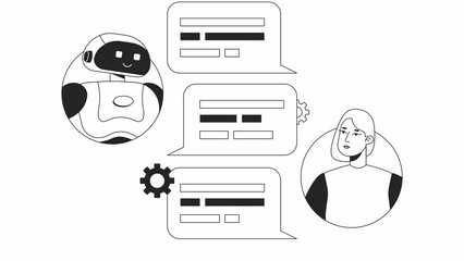 Fototapete - Conversational AI bot bw animation. Animated chatbot and human female user 2D flat monochromatic thin line characters. 4K video concept footage with alpha channel transparency for web design