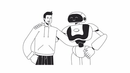 Fototapete - Human embracing robot bw animation. Animated android with guy 2D flat monochromatic thin line characters. AI in daily life 4K video concept footage with alpha channel transparency for web design