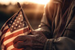 Closeup of veteran old man hand with American national flag sunlight,  heroe, Memorial Day, Independence day, AI Generative.
