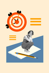 Aufkleber - Vertical collage image of black white colors mini girl big paper list pencil darts board arrows contemplate dream isolated on beige background