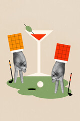 Wall Mural - Vertical collage picture of two black white colors arms fingers play golf big martini cocktail glass isolated on creative background