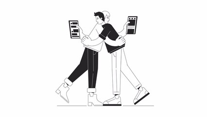 Poster - partner phubbing bw animation. animated couple hugging with phones 2d flat monochromatic thin line c