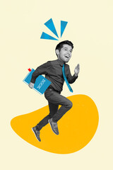 Aufkleber - Vertical collage picture of black white effect guy big head jump rush hold book isolated on creative background