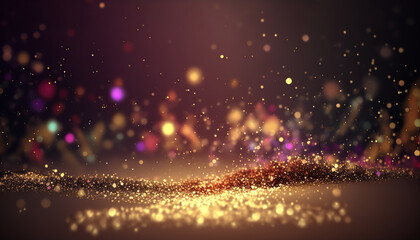 Beautiful abstract background with pink and golden glitter particles. Shiny sparks and bokeh effect. AI generative image.