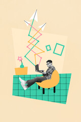 Poster - Photo collage artwork minimal picture of busy guy sending twitter telegram facebook messages isolated drawing background