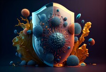 Immune System Defends From Virus And Bacteria. Immune Shield Protection Against Illness, Coronavirus, Covid-19 And Flue. 3D Rendering. Generative AI