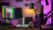 © vlntn - Close up microphone and blurred podcasting studio indoor background. Broadcasting concept. AI generative image.