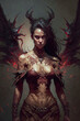© alexkoral - beautiful sexy devil girl with horns and wings. Generative AI illustration