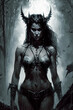 © alexkoral - scary sexy girl witch devil in forest. Generative AI illustration
