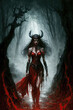 © alexkoral - scary sexy girl witch devil in forest. Generative AI illustration