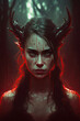 © alexkoral - witch girl devil in a red dress in forest. Generative AI illustration