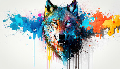 Poster - illustration of watercolor wolf, abstract color background, generative ai.