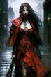 © alexkoral - vampire woman in a red dress at night in city. Generative AI illustration
