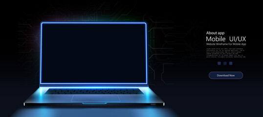 Aufkleber - A portable neon computer with a blank screen and a desk in a dark room with blue lighting. Technological background with a laptop. Vector illustration