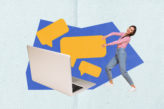 Poster banner collage funky young lady using netbook got many emails online communication concept