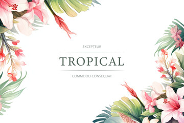 Tropical watercolor plants and flowers, summer holiday banner. Colorful frame with hibiscus and tropical leaves. Generated AI